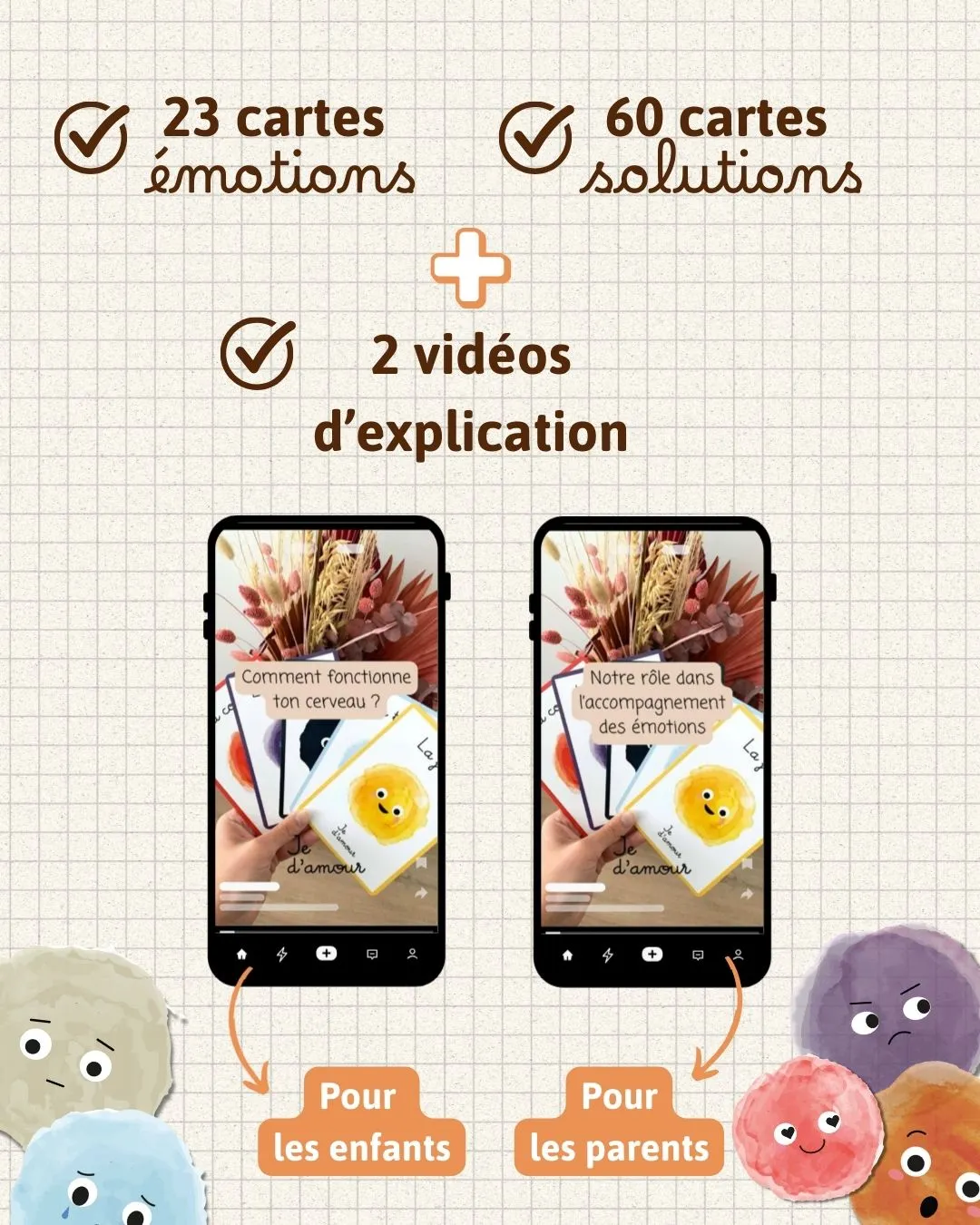 explication du contenu du jeu de cartes des émotions et des solutions : 23 cartes des émotions, 40 cartes de solutions et 2 vidéos explicatives