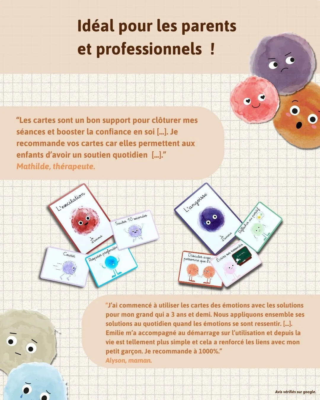avis / retours de parent et professionnel sur l'utilisation du jeu de cartes des émotions et des solutions