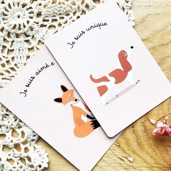 Carte de renforcement de la confiance en soi avec affirmations positives pour enfant renard et chien