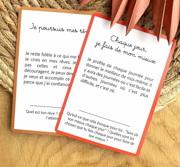 cartes mantras positifs pour enfant avec une citation et l'explication chaque jour je fais de mon mieux et je poursuis mes rêves pour renforcer la confiance en soi