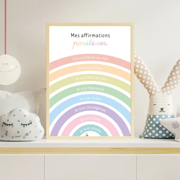 Affiche d'affirmations positives pour enfants avec arc en ciel et des arcs de différentes couleurs pastels