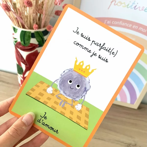 Carte de confiance en soi pour enfant qui indique je suis parfait comme je suis pour inciter au renforcement de la confiance en soi
