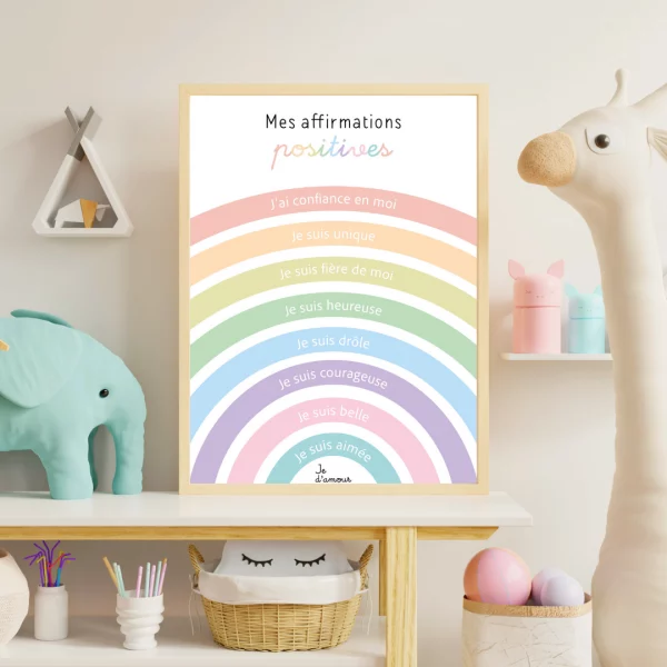 Affiche d'affirmations positives pour enfants avec arc en ciel et des arcs de différentes couleurs pastels